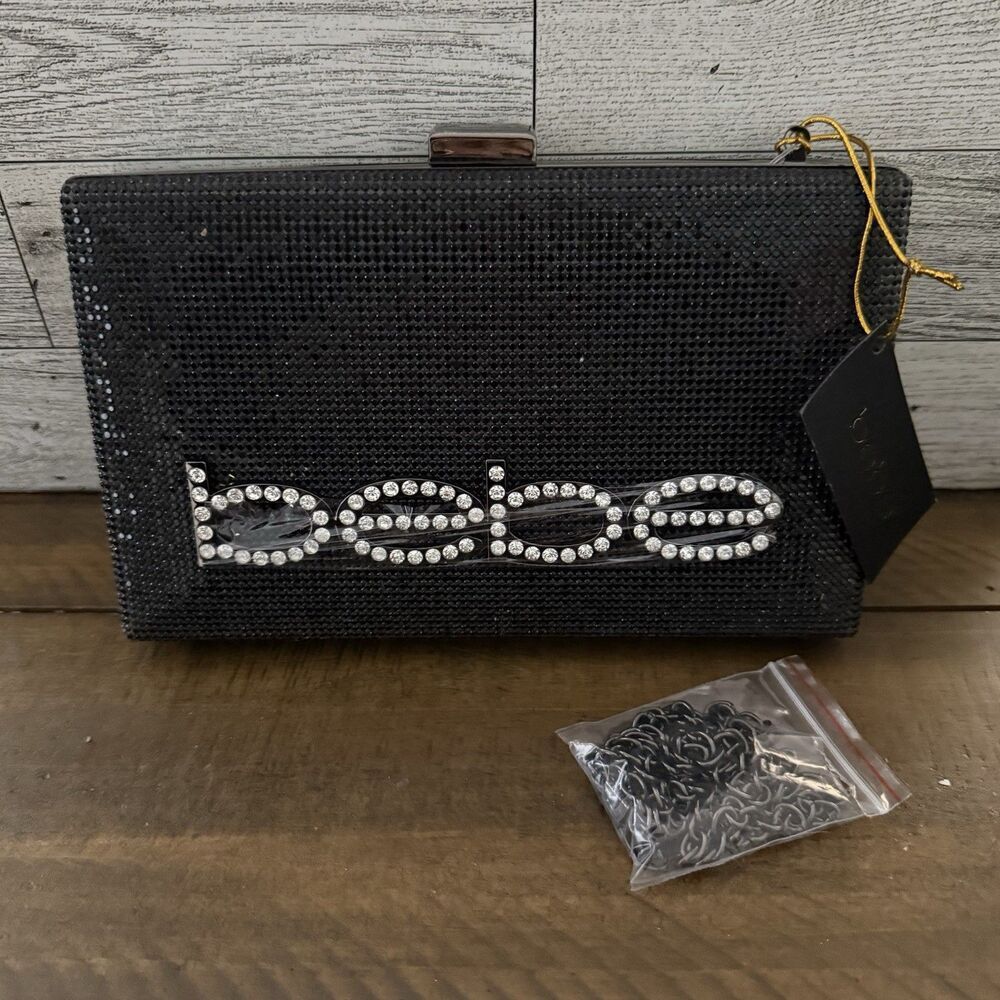 bebe Zaza Black Crystal Clutch Evening Bag NWT Rhinestone Logo Sparkly
